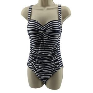 Nip Tuck Swim One Piece Bathing Suit Navy White Stripe Slimming Womens 8